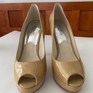 MICHAEL Michael Kors York Patent Leather Open-Toe Platform Pump, Nude, Size 7.5M